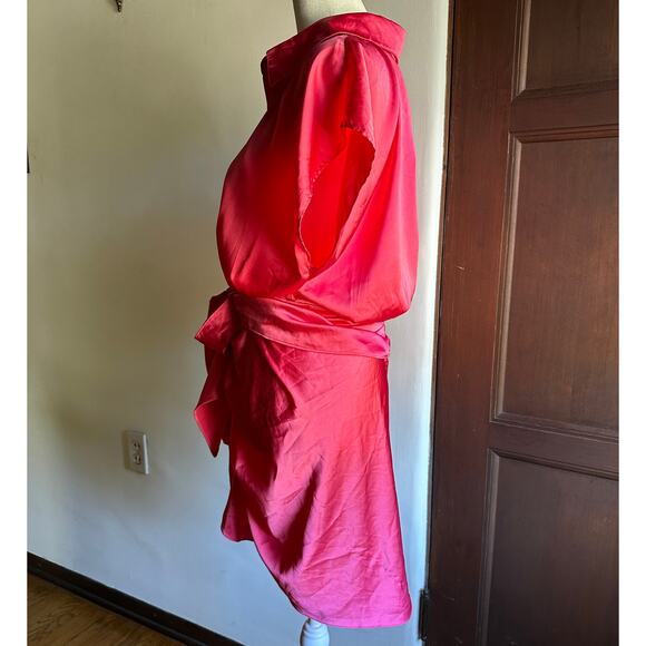 DO + BE | Pink Satin Tie Waist Short Sleeve Shirt Party Dress Draped Mini Medium - Picture 5 of 8